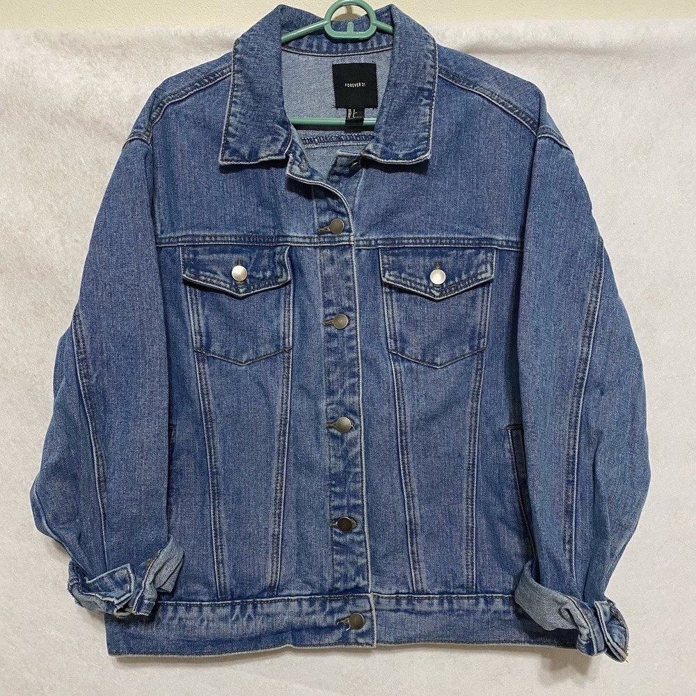 Forever 21 Women's Denim Jacket Small Blue Graphic Patch Back